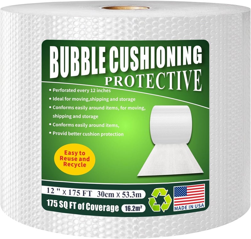 AA Heavy-Duty Bubble Wrap Cushioning Roll – 12”x175’ Perforated Every 12”, Tear-Resistant Packing Wrap for Moving, Shipping and Storage Made in US - Image 1